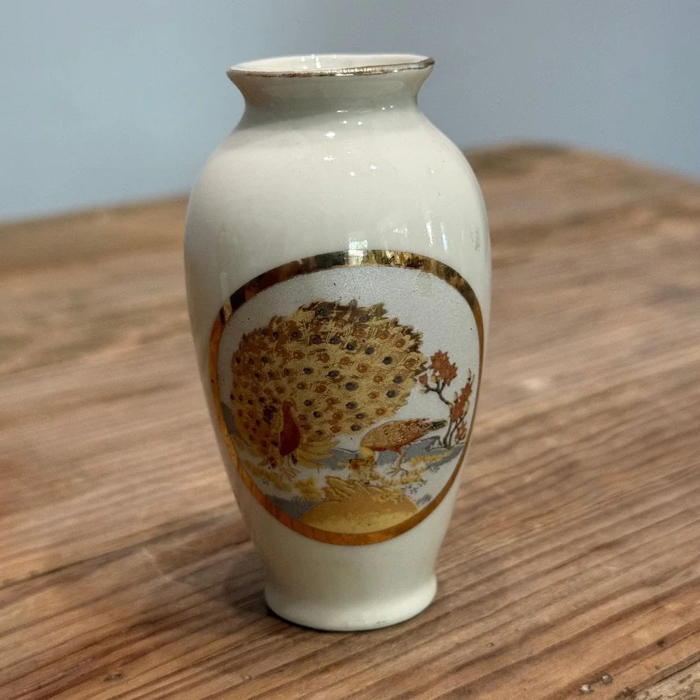 Vintage Miniature Bud Vase Japan Peacock Floral Gold Trim Ceramic 3.25 Inch